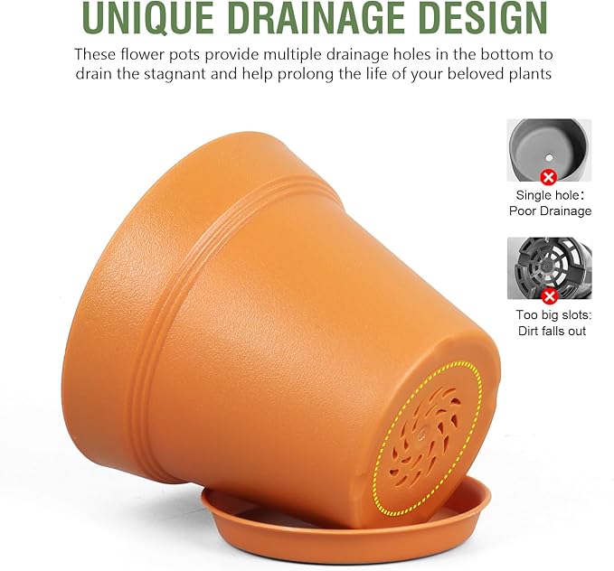 4 inch Small Plastic Nursery Pots, 16 Pack Plant Pots for Indoor Outdoor Plants, Flower Pots with Drainage Holes and Saucers, Decorative Seedling Starter Planters for House Plants, Terracotta