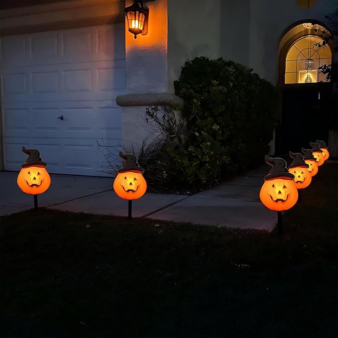 Halloween Decorations Wizard Hat Pumpkin Outdoor String Lights, 4 Pack Halloween Pumpkin Hat Pathway Marker Stake Lights with 4 C7 LED Bulbs for Outdoor Halloween Party Garden Garden Lawn Walkway