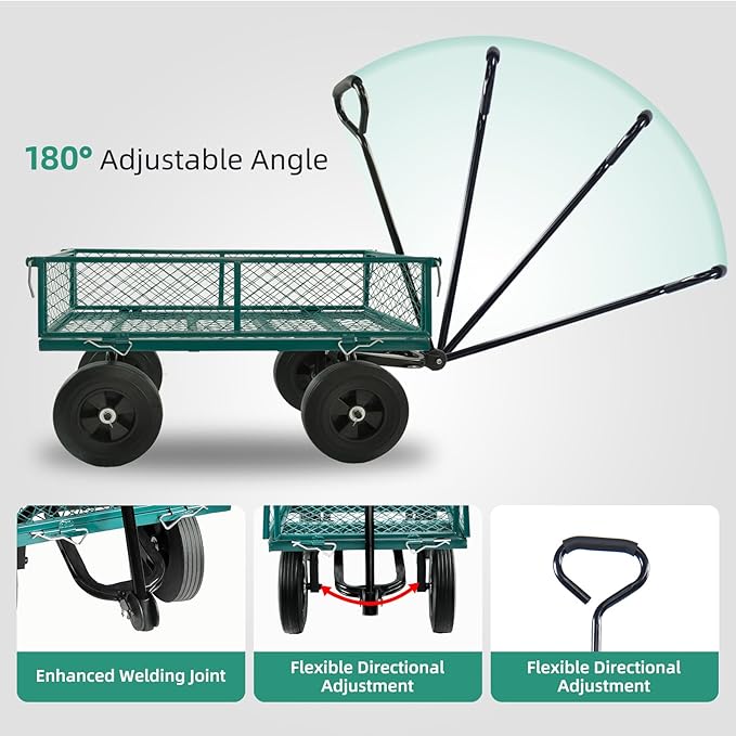 Heavy Duty 480 Lbs Capacity Mesh Steel Garden Cart Folding Utility Wagon with Removable Sides (Green)