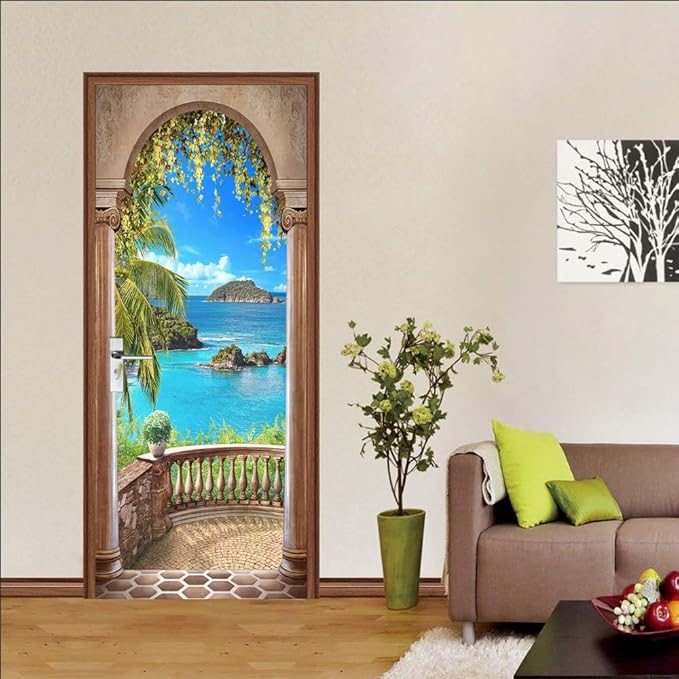 3D Door Stickers Murals - Landscape - Peel and Stick - Waterproof & Washable - Matt Finish - Tropical Beach - 31.5" x 78.7" - 2 PARTS