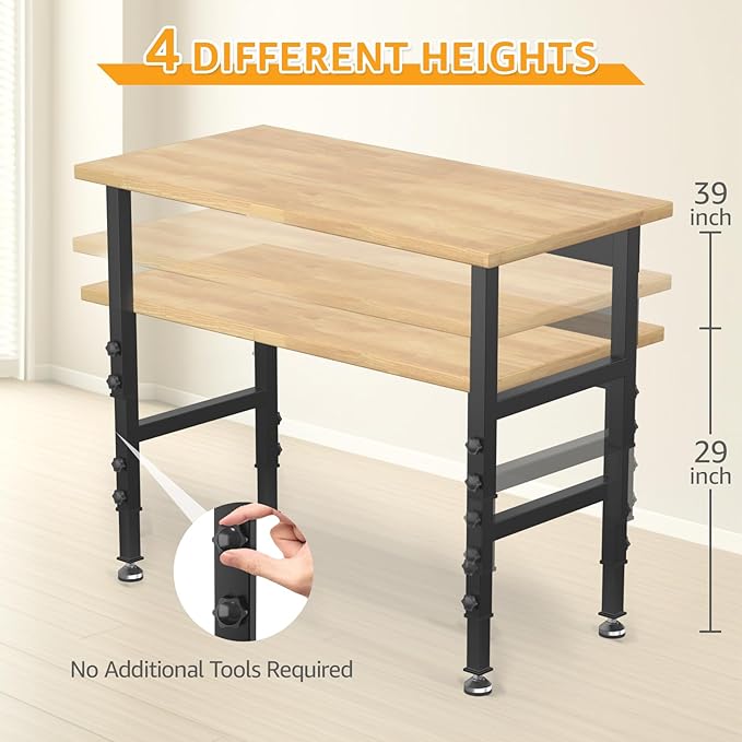 48" Adjustable Workbench,Heavy-Duty Work Table,3000 LBS Load Capacity Hardwood Workstation with Fixed feet,for Workshop, Garage
