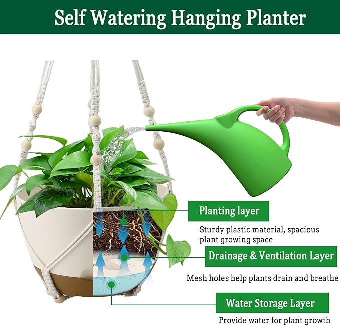 Hanging Planter Self Watering 10 Inch, 2 Pack Indoor Outdoor Hanging Baskets, Hanging Flower Pots with Drainage Hole & 2 Kinds of Plant Hangers for Garden Home Decor(Cream)…