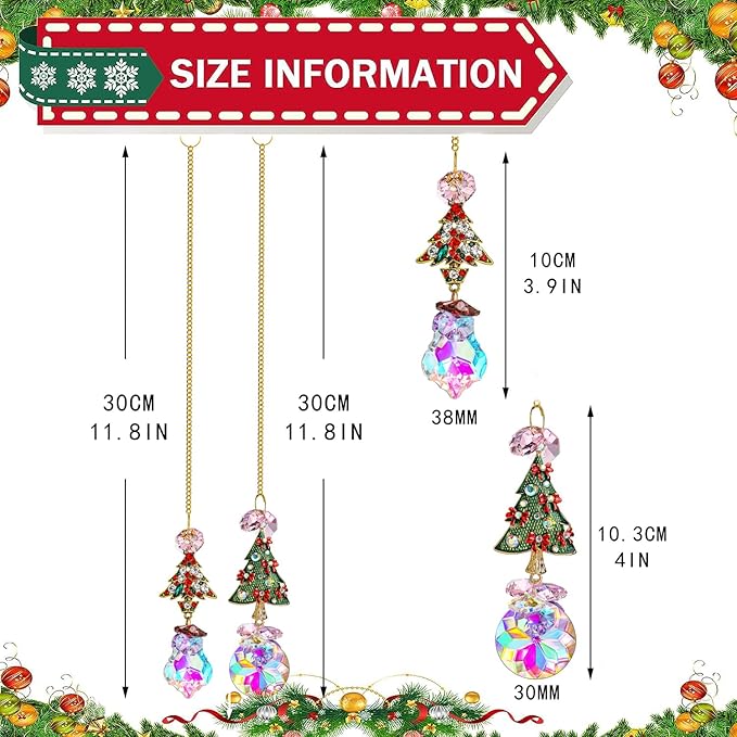 2PCS Rhinestones Christmas Tree Ornaments Suncatcher Prisms Hang for Tree Window Christmas Eve Party