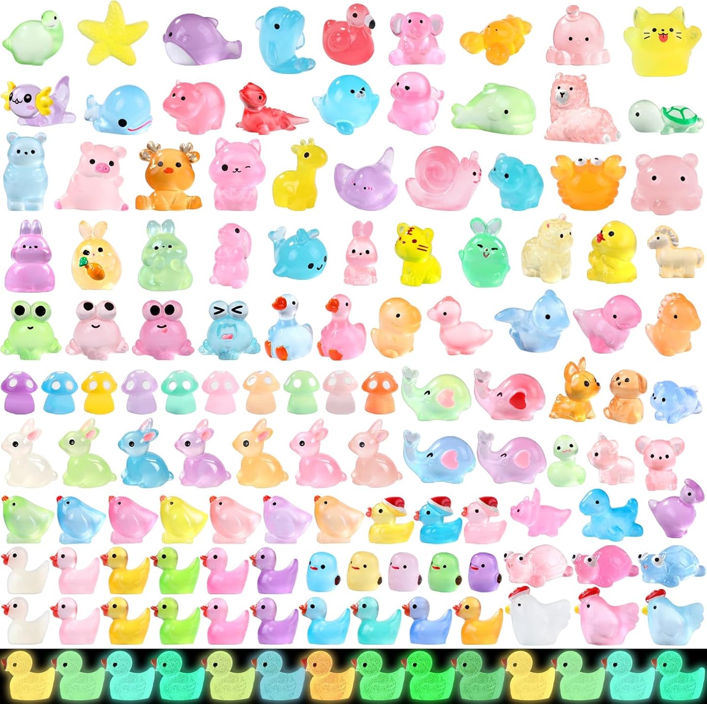 131pcs Luminous Mini Resin Animals, Glow in The Dark Tiny Small Little Animal Ducks Figures to Hide Miniature Figurines for Dollhouse Garden Micro Landscape Aquarium Decorations DIY Crafts