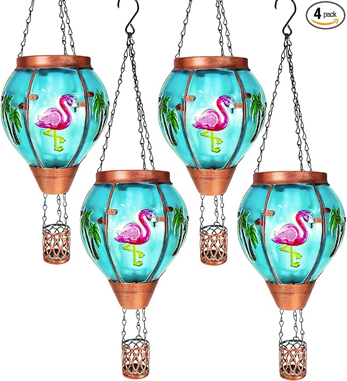 4 Pack Solar Hot Air Balloon Lantern with Flame， Flamingo Glass Solar Outdoor Lights Decorative for Outdoor Patio Garden Decor, Flamingo Gifts for Women Grandma Mom - Flamingo