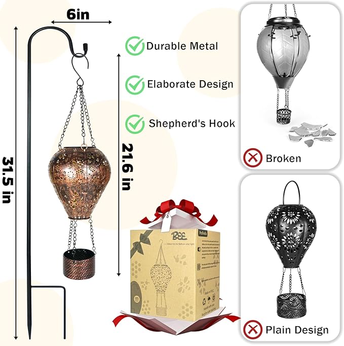 4-Pack Bee Decor Hot Air Balloon Solar Lantern – Outdoor Decorative Hanging Light for Garden Yard Patio Porch Lawn and Pathway – Unique Housewarming, Birthday Gift for Women Mom Grandma