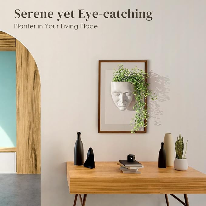 Head Planter Wall Mounted, 6.6 Inch Resin Face Wall Planter Wall Vase for Flower Plant Pot with Drainage Suitable for Home Decor Planter Gifts