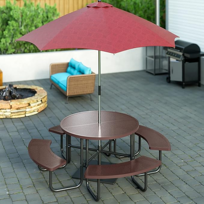 46'' Steel Round Picnic Table for Outdoors, Expanded, Lifetime Picnic Table with Umbrella Hole, Heavy Duty Sturdy Commercial Picnic Tables for Garden Courtyard BBQ, Coffee