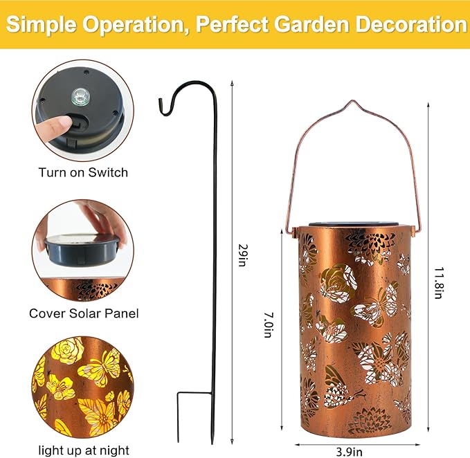 4 Pack Butterfly Solar Lanterns Outdoor Hanging Lantern Lights, Flower Pattern Waterproof LED Garden Decorative Light for Patio Yard Pathway Lawn Front Porch Tree