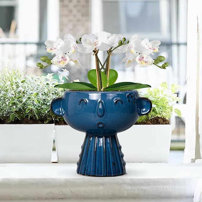 Head Planter Pot - 7 Inch Cute Face Planter for Indoor Outdoor Plants Ceramic Succulent Pot Round Flower Pot Present for Mother Christmas with Drainage Hole Blue
