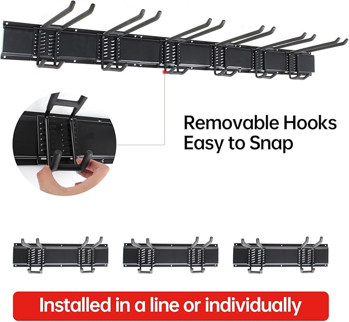 Garage Storage Rack Hooks, 48 Inch Heavy Duty Wall Mount Garage Organization with 3 Rails and 6 Adjustable Double Wall Hooks,Hanging Shelves for Garden Tool/Broom/Mop(Black)