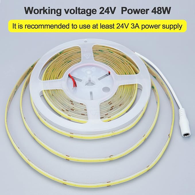 24V COB LED Strip Light Warm White 3000K 5M/16.4ft 2400LEDs Waterproof IP65 Uniform Glow CRI 93+ Flexible LED Tape Lights for DIY Cabinet Bedroom Kitchen Home Decor(No Power Supply)