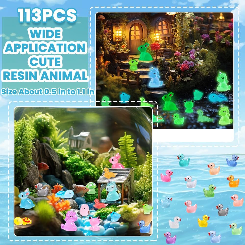 113pcs Luminous Mini Resin Animals, Glow in The Dark Miniature Resin Animal Figures Tiny Small Little Ducks Turtle Bulk for Dollhouse Micro Landscape Aquarium Fairy Garden DIY Decorations