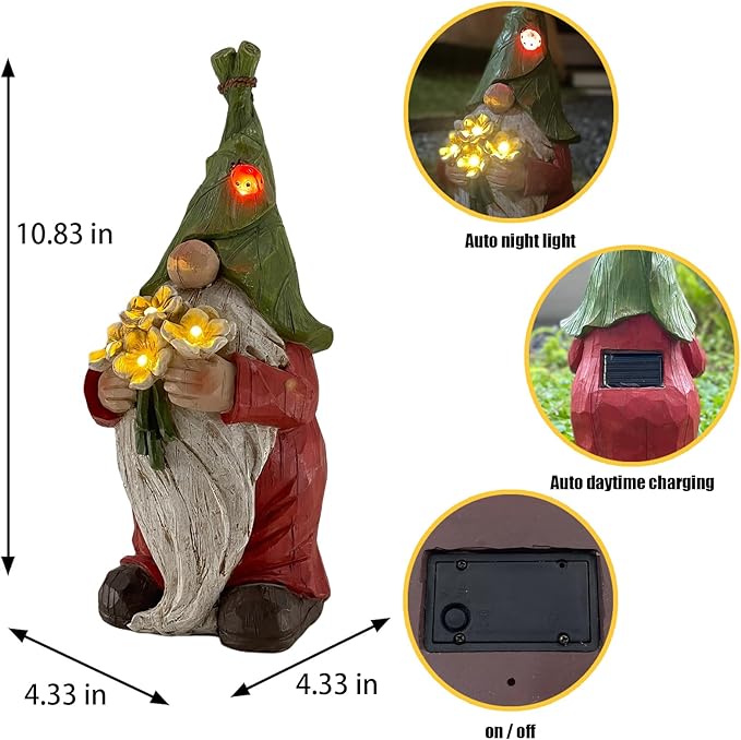 Garden Gnome Statue Outdoor Decor, Solar Garden Gnome Figurine Light, Resin Garden Statues Sculpture for Patio Yard Lawn Outdoor Garden Decorations