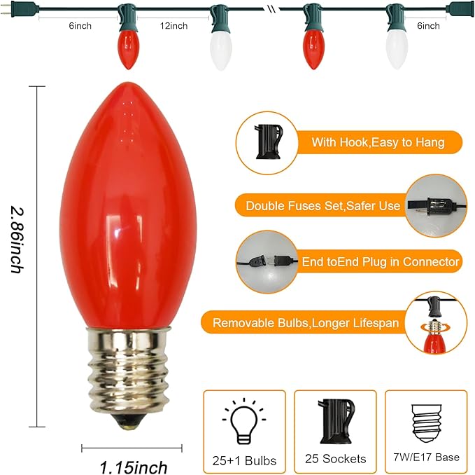 25FT C9 Christmas Lights Outdoor,Red and White C9 Christmas Lights with 26 Ceramic Bulbs(1 Spare), Connectable Incandescent Christmas Lights for Indoor Outdoor Party Home Decor,Green Wire