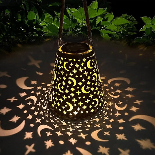 Hanging Solar Lanterns Outdoor Waterproof Star Moon Solar Lights Metal Outdoor Decor, LED Decorative Solar Garden Lights for Garden, Backyard, Tree, Porch(1 Pack)