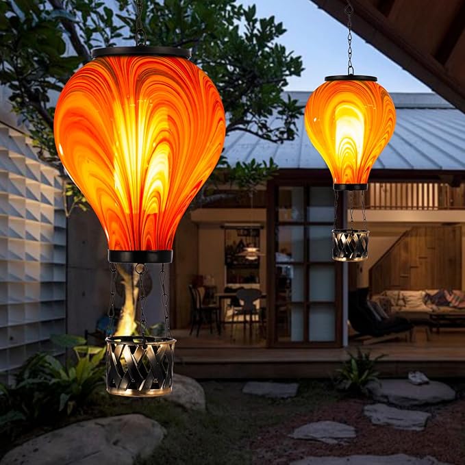 2PCS Solar Hot Air Balloon Lantern with Flame Flickering Light Tie-Dye Glass Hot Air Balloon Solar Lanterns Outdoor Waterproof Hanging Garden Light for Patio Porch Yard Decor,Gift for Women