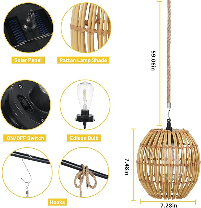 Hanging Solar Lantern Outdoor Waterproof, IP44 Boho Rattan Solar Hanging Light, Large Solar Lantern for Porch Yard Pathway Garden Decor(Bulb Included)