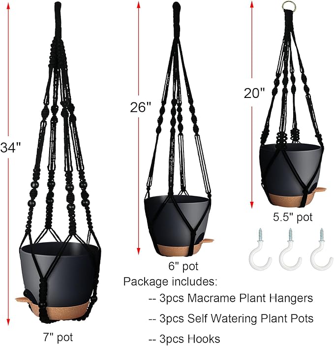 3 Pack Self Watering Hanging Planters Macrame Plant Hangers with Indoor Flower Pots, 3 Different Size Hanging Basket, Plant Hanger with Hooks for Garden Home Decor Black