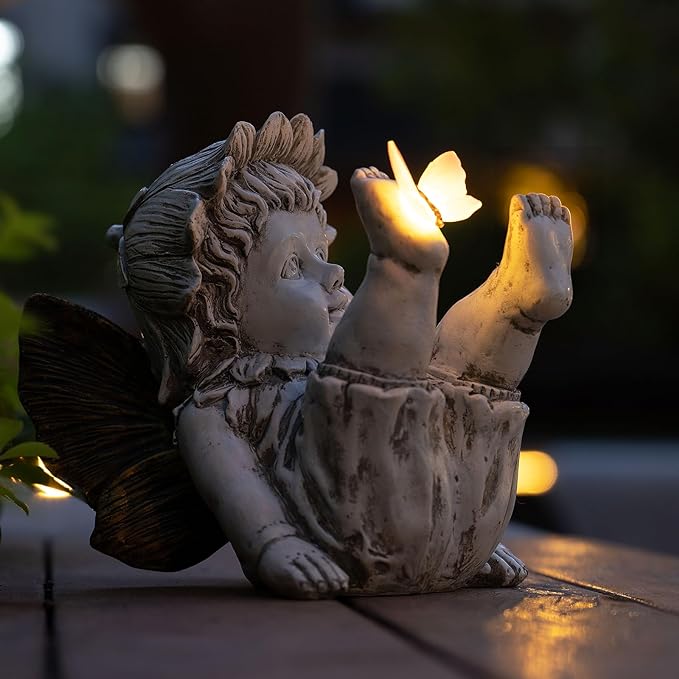 Garden Fairy Outdoor Solar Decor, Resin Ornaments for Patio Lawn Yard Porch, Playful Garden Flower Fairy Statues for Outside Angel Gifts, 7.91 Inches Tall