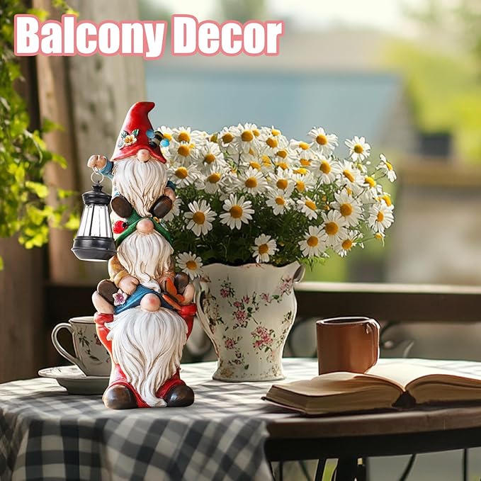 Garden Gnome Statue with Solar Lights Large Garden Sculptures Funny Triple Gnome Outdoor Patio Lawn Yard Balcony Garden Home Decor Gifts for Women Mom 12 in Spring Summer Gnomes Outdoor