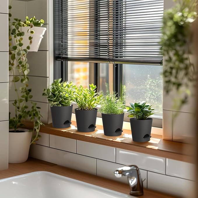 4 inch Self Watering Pots for Indoor Outdoor Plants, 6 Pack Plastic Flower Planters with Drainage Holes and Removable Saucers, Plant Pots with Wicking Rope, Modern Decor, Black