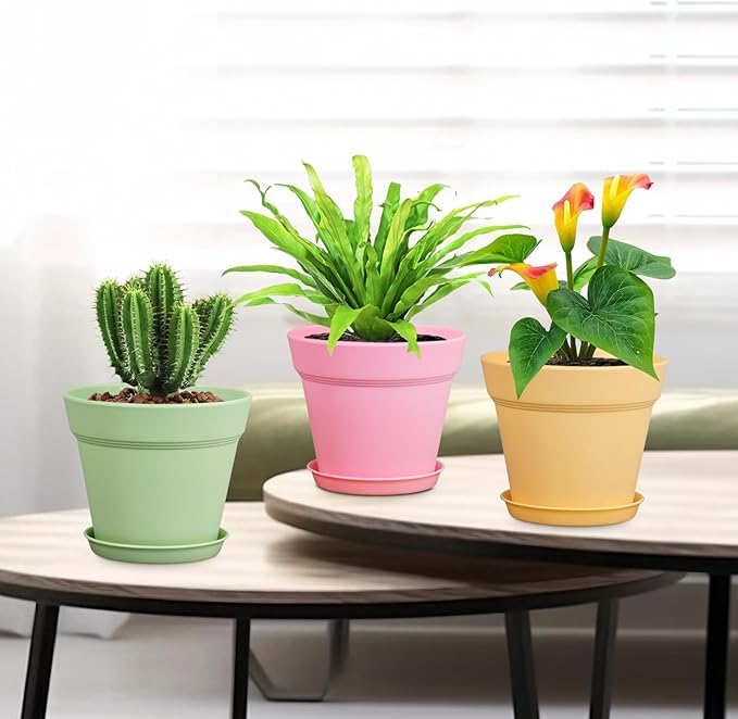 4 inch Small Plastic Nursery Pots,16 Pack Plant Pots for Indoor Outdoor Plants, Flower Pots with Drainage Holes and Saucers, Decorative Seeding Starter Planters for House Plants, Colorful