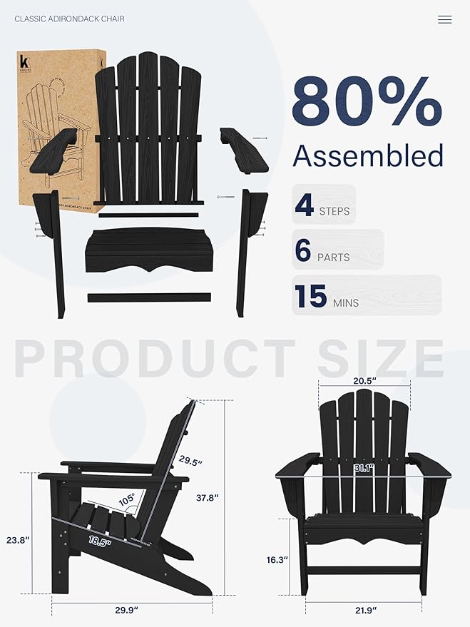 KINGYES HDPE Adirondack Chair, Classic All-Weather Adirondack Chair Set of 4, Black