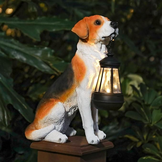Garden Dog Statues Outdoor Decor, Solar Lights Outdoor Beagle Dog Statue Garden Decorations Solar Dog Ornaments for Patio, Lawn, Yard Art Decoration, Housewarming Garden Gift