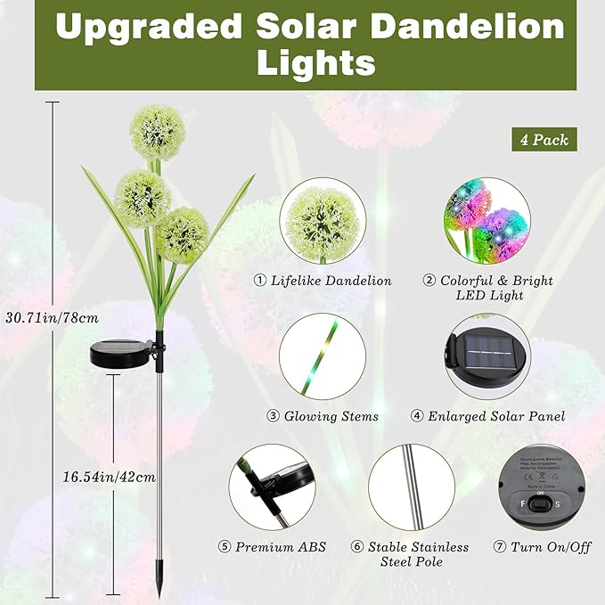 4 Pack Solar Garden Lights, Solar Flowers Lights with 4 Blooming Dandelion Flowers, Waterproof Solar Lights Outdoor for Yard Porch Patio Backyard Pathway Gardening Gifts, 2 Lighting Modes