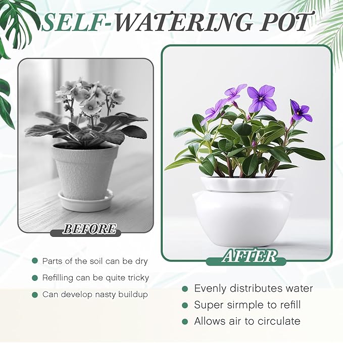 4 Set 6 Inches African Violet Pots Self Watering White Ceramic Pot for Indoor Plants, Flowerpot with Highly Absorbent Inner Pot for Busy Plant Lovers,Plant Care
