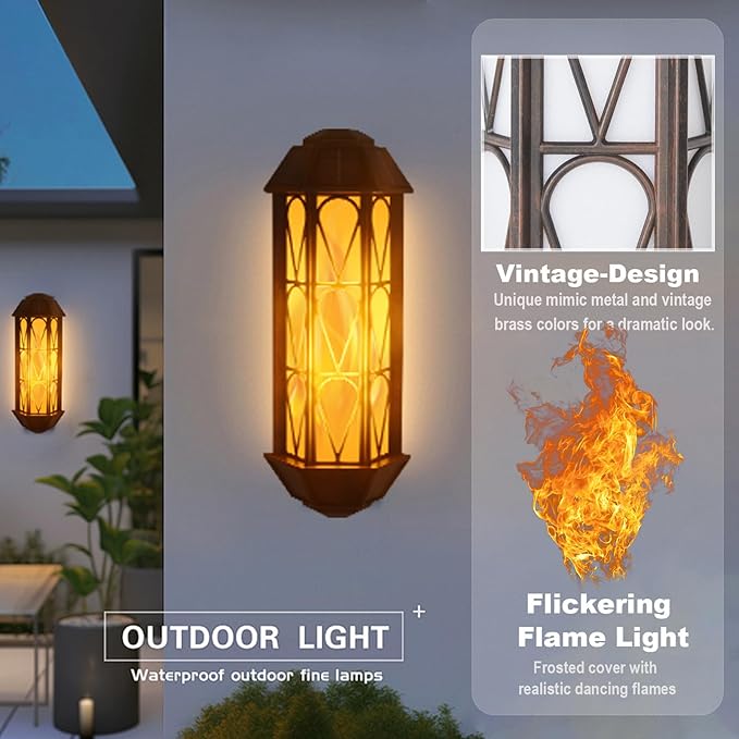 KINGLEAD 4 Pack Flickering Flame Solar Wall Lights - Outdoor Waterproof, Sensor with 2 Lighting Modes, Vintage for House Garden Porch Backyard Patio