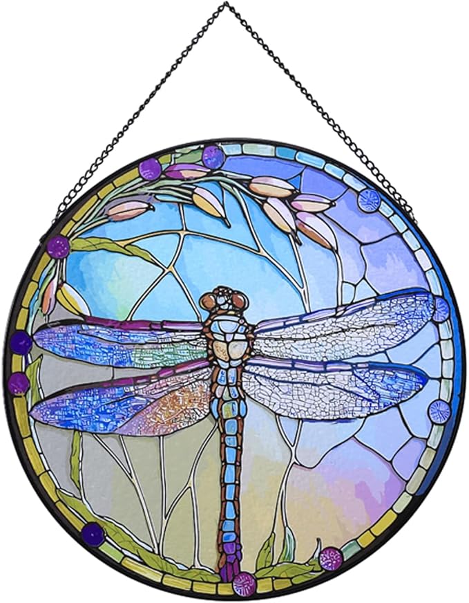 Hanging Stained Glass for Windows,20cm/7.87inch Dragonfly Hand-Painted Sun Catcher Garden Hangings Christmas Mother's Day, Valentine's Day Ornaments Festival Gift (C Style)