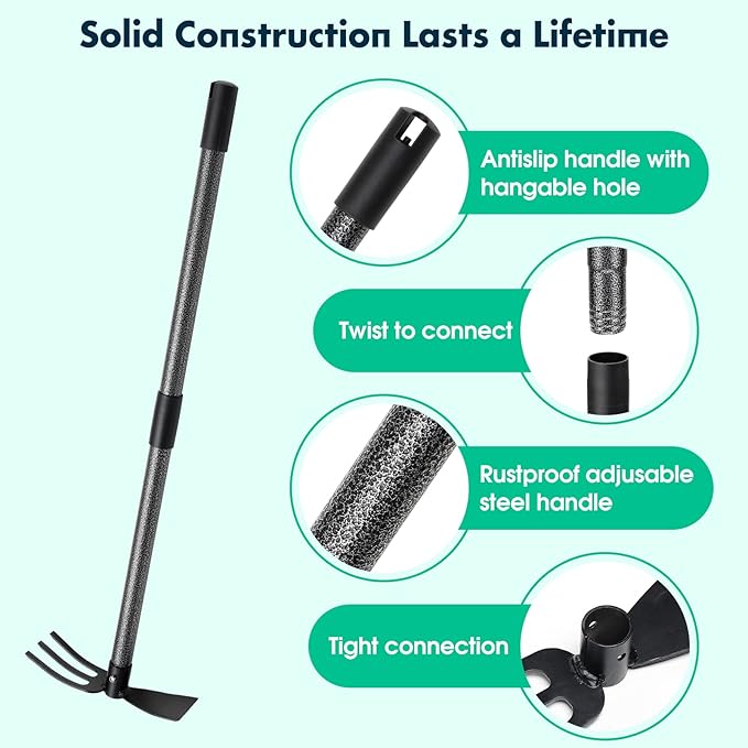 Garden Hoe and Cultivator, 31 Inch Long Heavy Duty Hand Hoe Garden Tool with Tiller,2 Section Handle, Carbon Steel Blade, Cultivator Hoe Garden Tools for Loosening Soil, Weeding Garden Tools