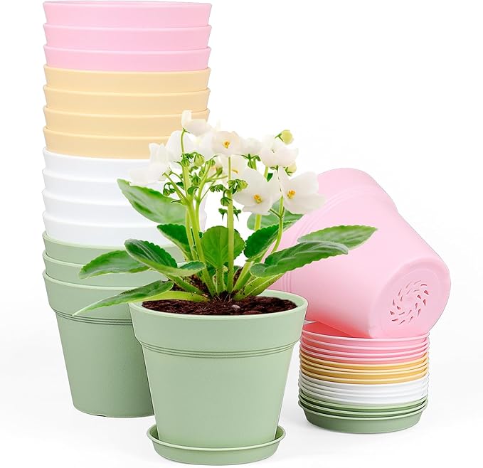 4 inch Small Plastic Nursery Pots,16 Pack Plant Pots for Indoor Outdoor Plants, Flower Pots with Drainage Holes and Saucers, Decorative Seeding Starter Planters for House Plants, Colorful