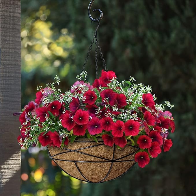 4 Pack 14 Inch Hanging Flower Baskets for Outdoor Plants Large Metal Wire Planters with Coco Liner Pot for Home Planting Black Watering Plant Holders for Outside Garden