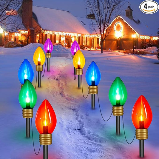 4 Pack Christmas Lights Jumbo C9 Outdoor Lawn Decorations with Pathway Marker Stakes, 10.5Ft C7 Lights Covered Jumbo Glitter Multicolor Bulb for Holiday Outside Yard Garden Decor