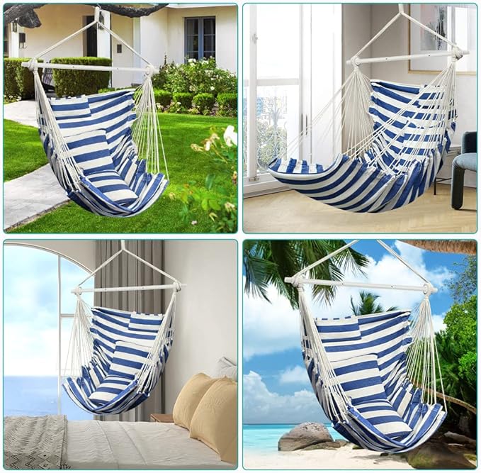 Hammock Chair, Hanging Chair with 3 Cushions and Foot Rest Support, Sturdy Metal Spreader Bar Max 440 Lbs, Swing Chair for Bedroom, Indoor & Outdoor, Patio, Porch or Tree（Blue and White）