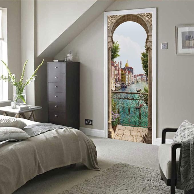 3D Door Stickers Murals - Landscape - Peel and Stick - Waterproof & Washable - Matt Finish - Modern Style - White - 37.4" x 82.7" - 2 Pieces