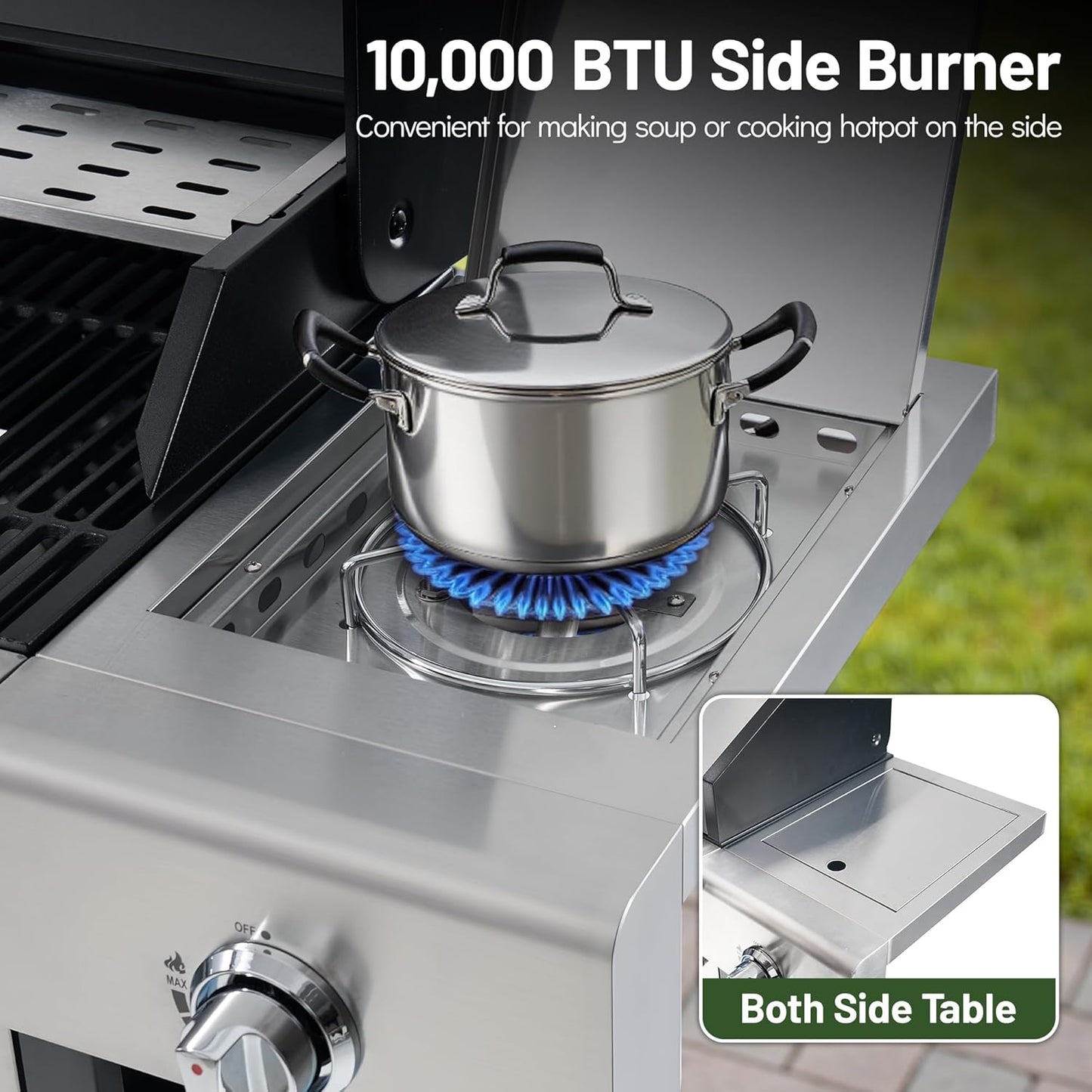 4-Burner Propane Gas Grill with Side Burner & Cabinet, 50,000 BTU Outdoor BBQ Grill with Porcelain-Enameled Cast Iron Grates, Stainless Steel Barbecue Grill for Outdoor Cooking (Silver)