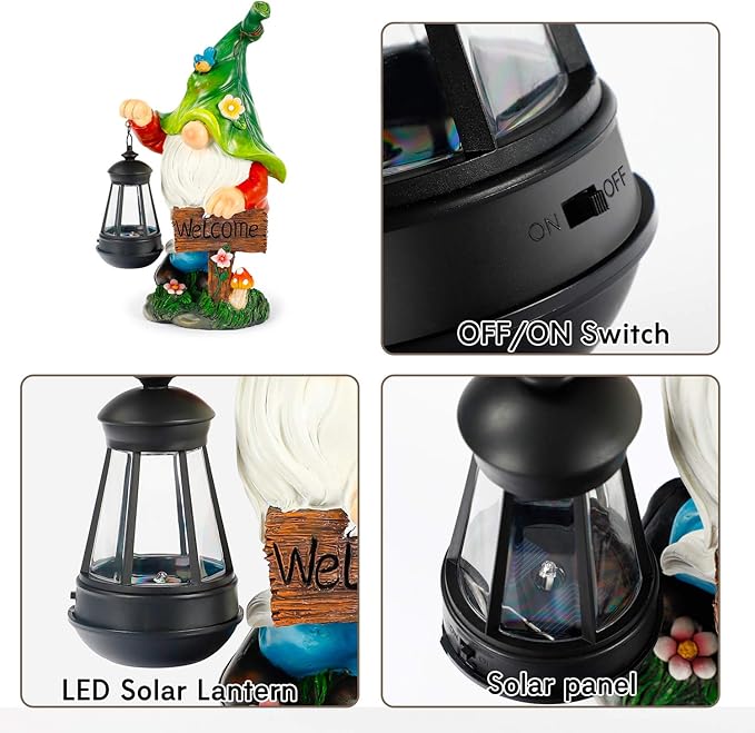 Garden Gnome Statue, Resin Figurine with Bright Solar Lantern Lights and Welcome Sign, Outdoor Solar-Powered Illumination Yard Art Decorations for Indoor Outdoor Patio Lawn Garden Room
