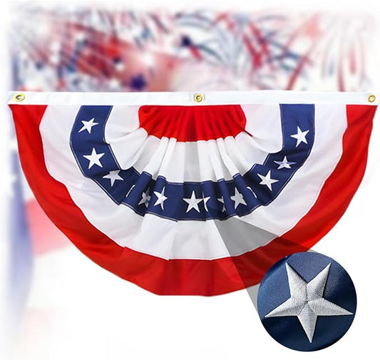 2x4 Ft American Pleated Fan Flag Bunting,Patriotic Bunting Embroidered Stars for Outside,Red White and Blue Decorations for 4th of July Independence Day Memorial Day 1pcs
