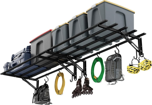 2-Pack Garage Storage System Shelves 3.21x1.64 ft - Industrial Hanging Shelf Wall Mount Kit with Hooks, Folding Garage Wall Shelves, Durable Metal Floating Shelf, Black Shelves Wall Mounted Setup