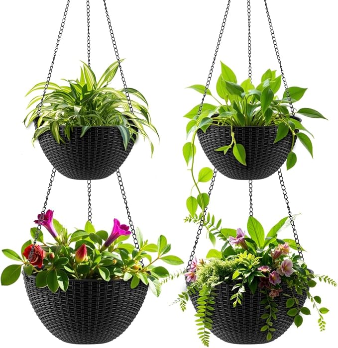 Hanging Planters for Indoor Outdoor Plants 8/10 Inch, 4 Packs Plant Hanger with Drainage Holes, Hanging Basket Flower Pot Perfect for Home, Office and Garden, Black