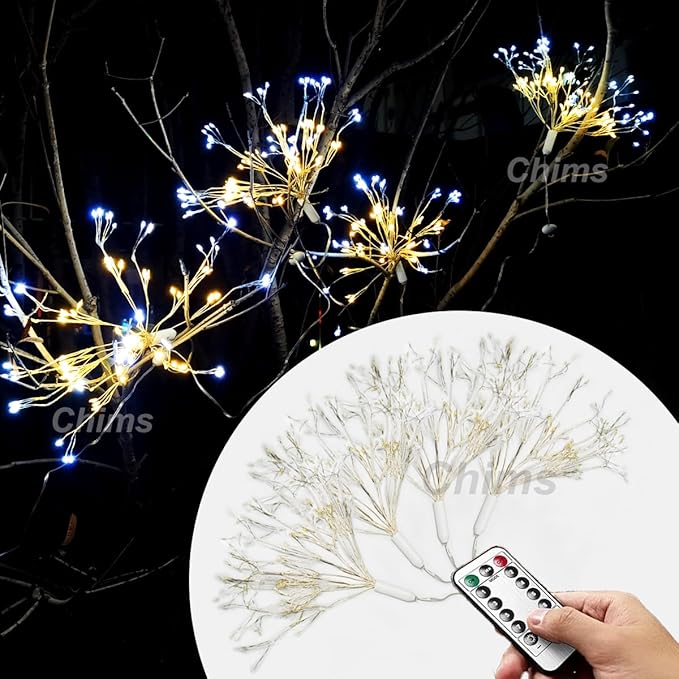 4 Pack Firework Lights, Yellow and White Patio Fairy Light Lighting Star Fireworks Sphere Fancy 120 LED DIY Dandelion Decoration Light with Remote, for Outdoor Bar Tree Wedding Party Restaurant