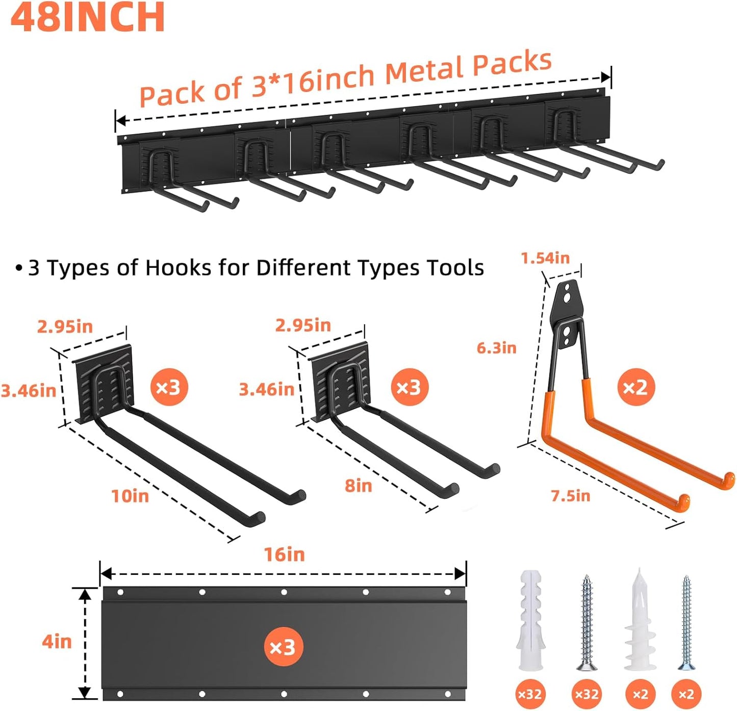 Garage Storage, Ultimate Wall-Mounted Garage Organizer for Men 48Inch, Heavy Duty 440lbs Tool Rack with Adjustable Metal Hooks Yard, Shed & Workshop Storage for Tools, Bikes, Snowboards Gift