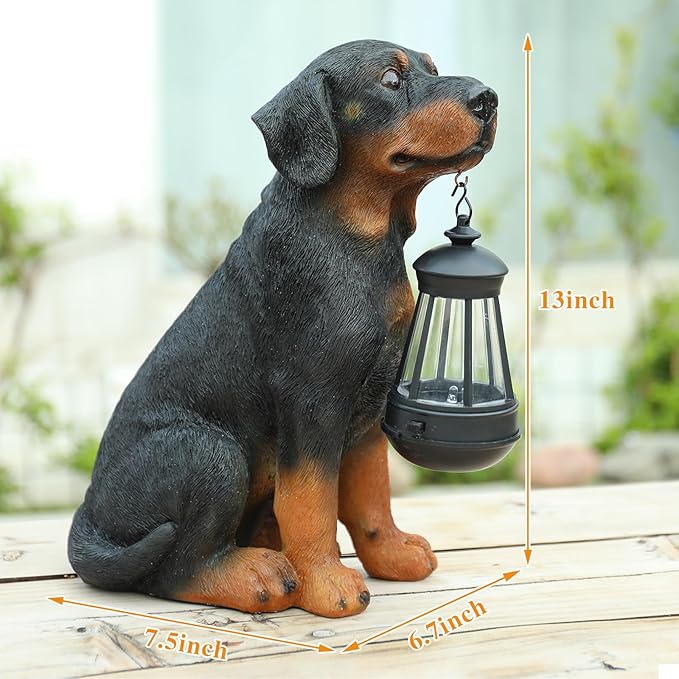 Garden Dog Statues Outdoor Decor, 13" Solar Powered LED Lights Outdoor Statue Garden Decorations Rottweiler Figurine for Patio, Lawn, Yard Art Decoration, Housewarming Garden Gift