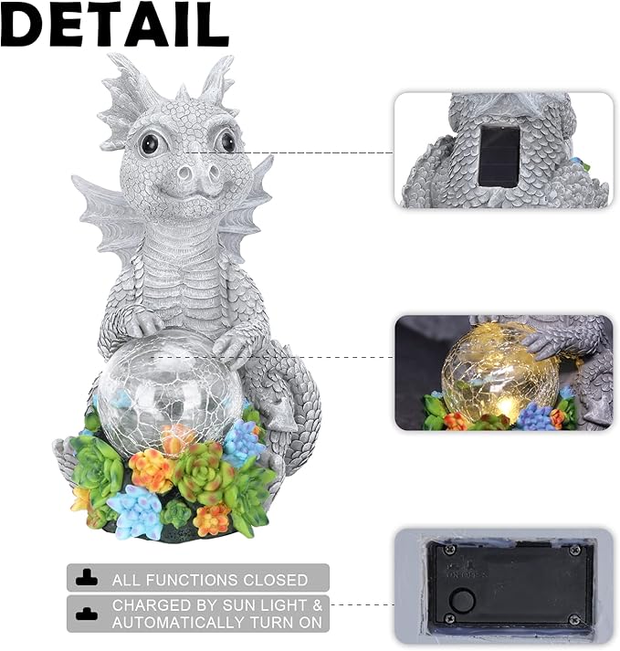 Garden Dragon Statue Outdoor Decor, Large Dragon Figurine with Solar Crackle Globe Light Yard Art Decoration Resin Ornament for Indoor Home Outdoor Patio Lawn Gift