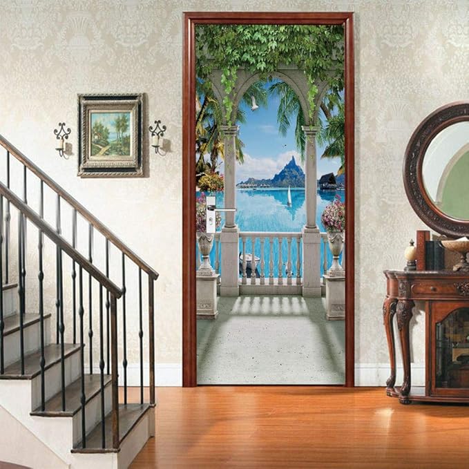 3D Door Stickers Murals - Landscape - Peel and Stick - Waterproof & Washable - Matt Finish - Modern Style - White - 34.6" x 78.7" - 2 Pieces