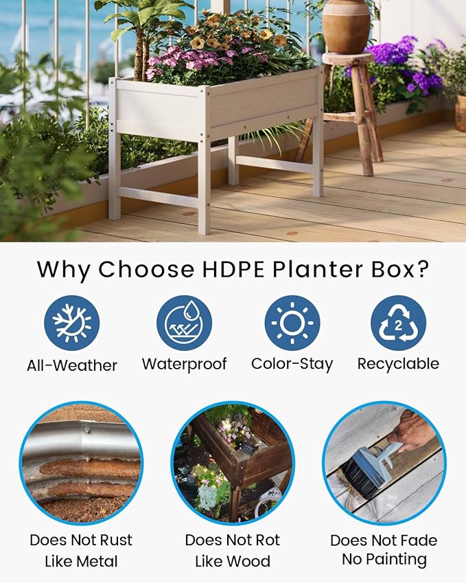 HDPE Raised Garden Bed with Legs, Outdoor Weather-Resistant Elevated Planter Box Stand for Seeds, Herbs, Flowers, Vegetables (White)